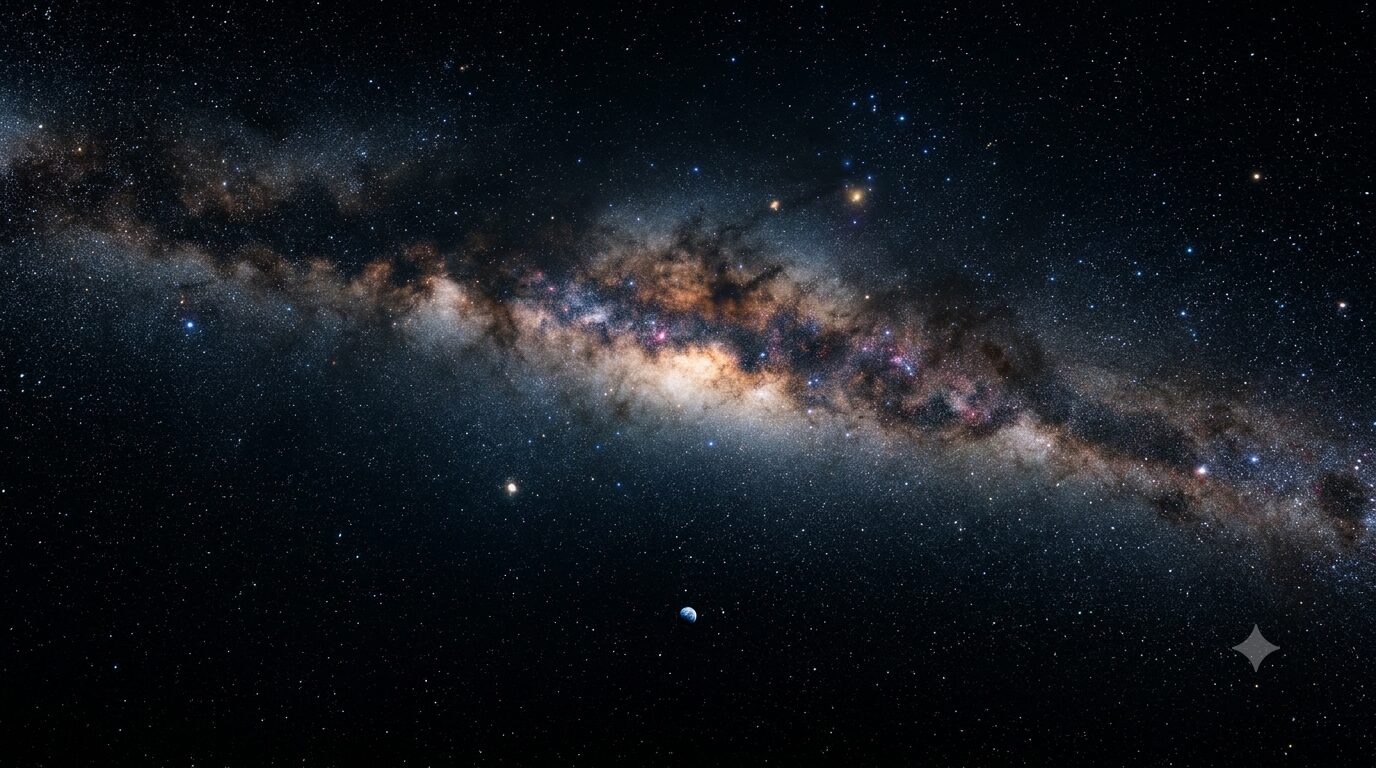 La Tierra vista desde el espacio con la Vía Láctea al fondo.