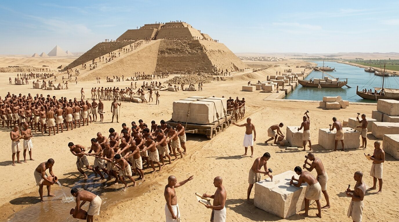 Recreación históricamente precisa de trabajadores egipcios transportando grandes bloques de piedra durante la construcción de la Gran Pirámide de Guiza.