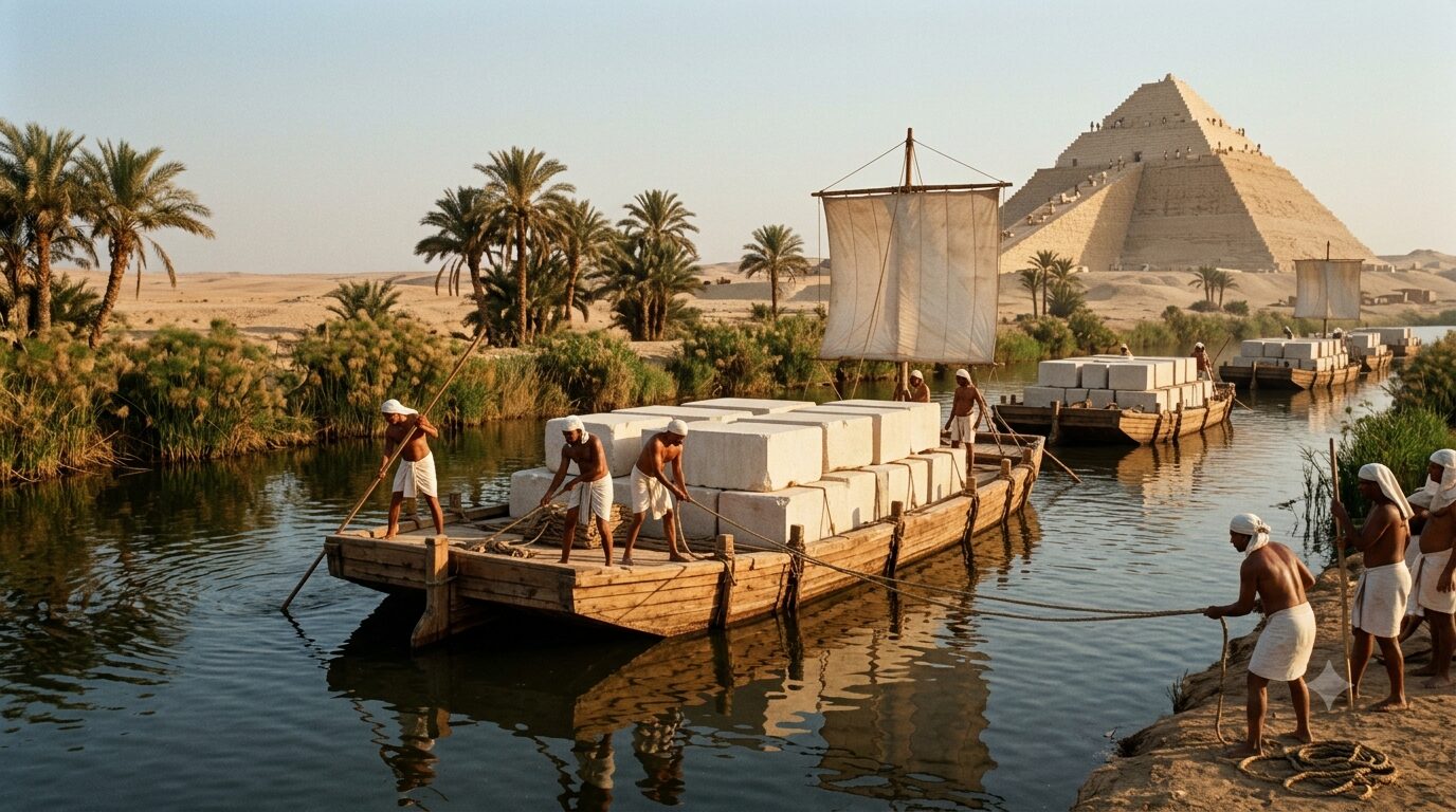 Barcazas transportando grandes bloques de piedra por el río Nilo durante la construcción de la Gran Pirámide de Guiza.