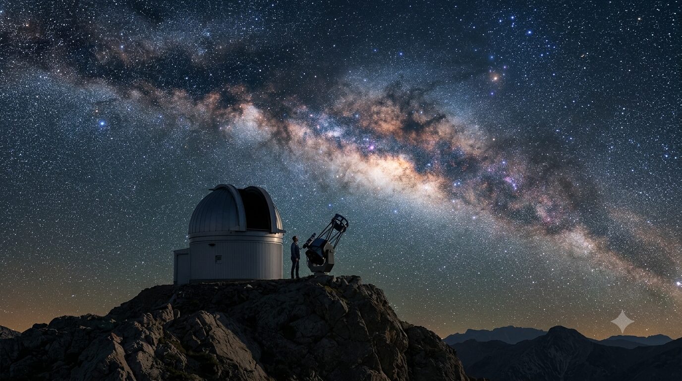 Observatorio astronómico bajo la Vía Láctea durante una noche despejada.
