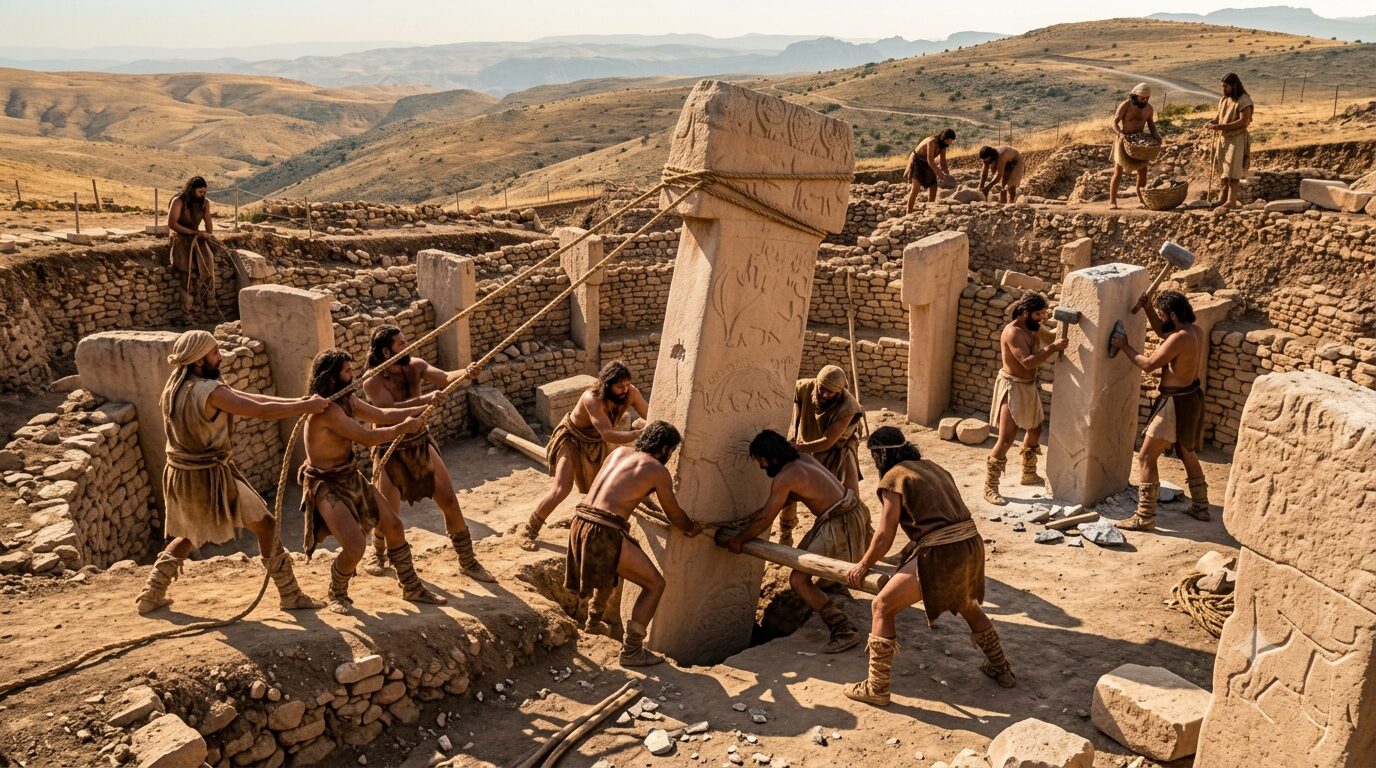 Recreación de comunidades prehistóricas levantando un pilar de piedra en Göbekli Tepe.