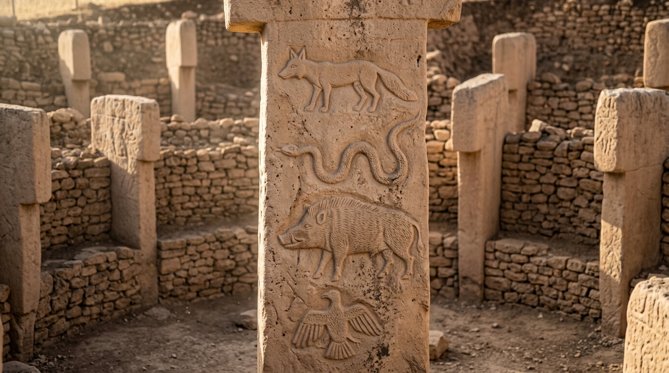 Primer plano de un pilar en forma de T de Göbekli Tepe decorado con relieves de animales.